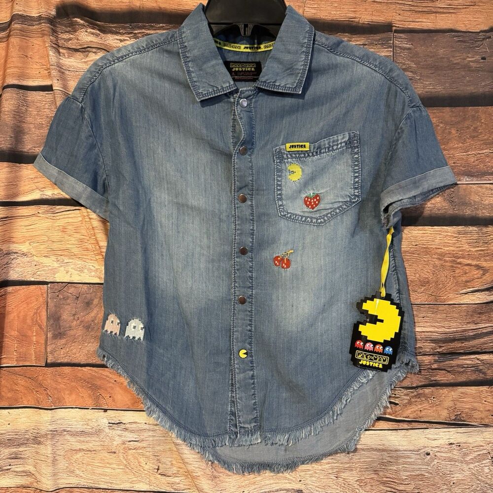 Justice Girls Pac-Man S Chambray Shirt Oversized Button Down Denim Embroidered